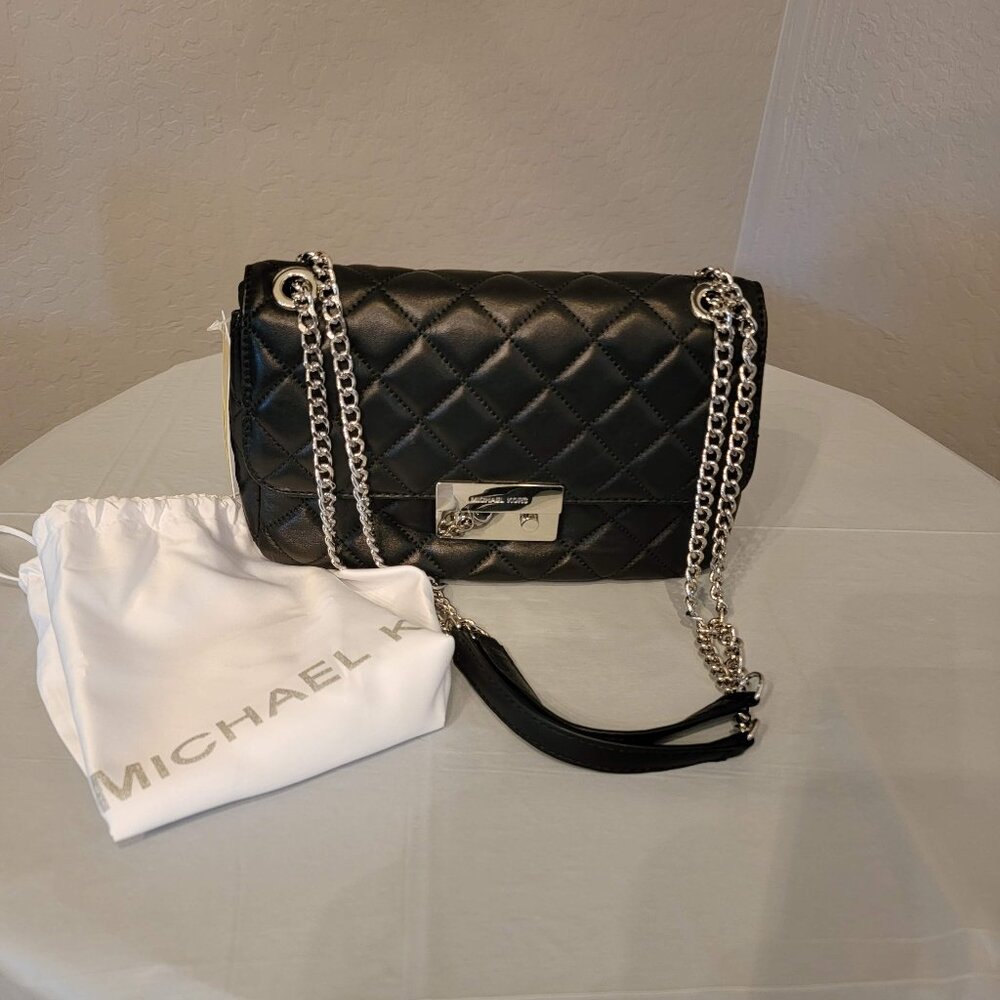 MICHAEL Michael Kors Black Leather Quilted Sloan Crossbody Bag w/Silver